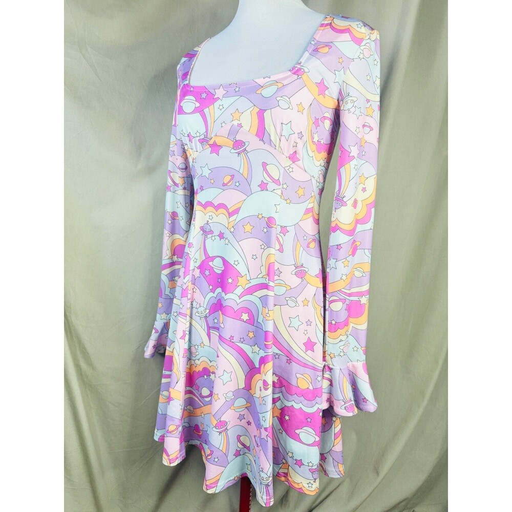 Dolls Kill Sugar Thrillz Retro Pastel Celestial Rainbow Space Mini Dress NWT XS